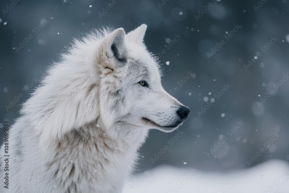 Obraz premium A majestic Arctic wolf gazes thoughtfully while snowflakes gently fall around it in a serene winter landscape