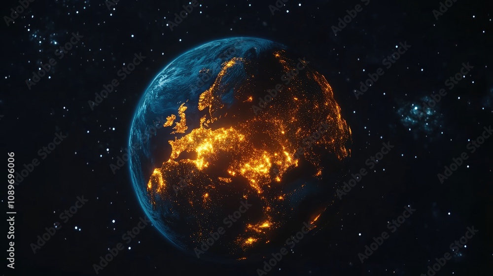 Earth at night, Europe illuminated, space view. Earth at night, Europe illuminated, space view.