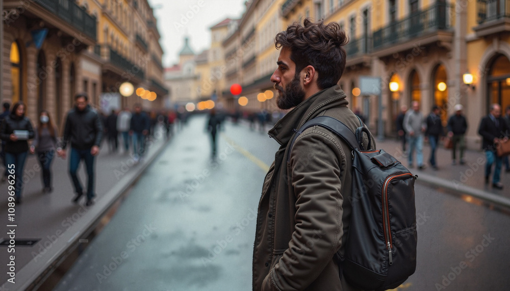 Young man with backpack looking thoughtfully at a busy street scene in a vibrant urban environment Young man with backpack looking thoughtfully at a busy street scene in a vibrant urban environment