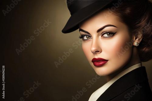 Wallpaper Mural Elegant Vintage Fashion Portrait of a Glamorous Woman in Stylish Hat and Red Lipstick Torontodigital.ca
