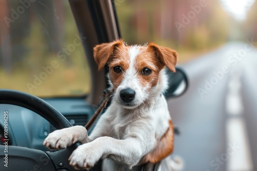 A small dog enjoys a road trip with its owner behind the steering wheel on a scenic road during the day in autumn photo