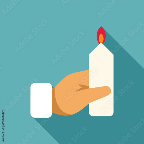 Hand is holding a lit white candle, creating a serene atmosphere