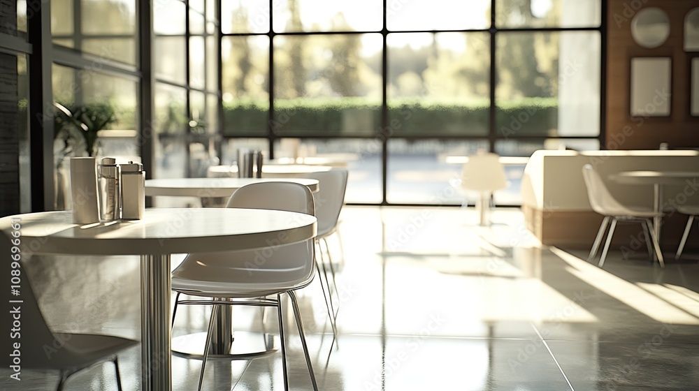 Sunlit modern cafe interior with white tables and chairs. Sunlit modern cafe interior with white tables and chairs.