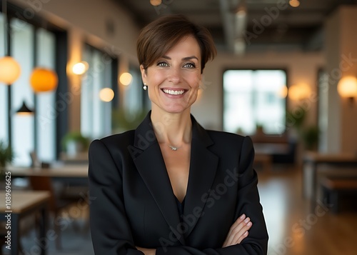 A mature woman with short hair stands smiling in a sleek black suit amidst modern office décor and vibrant creative agency atmosphere.