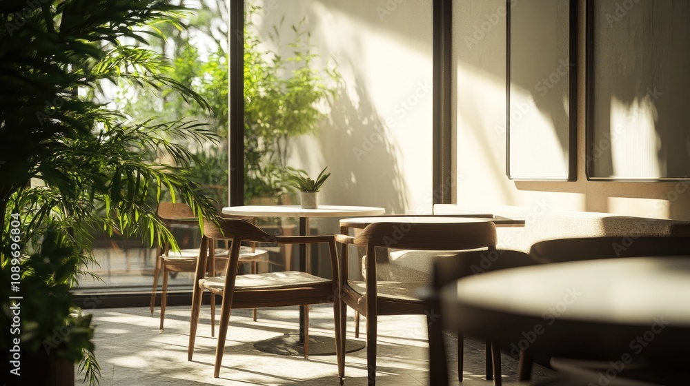 Fototapeta premium Sunlit cafe interior with plants and wooden chairs.