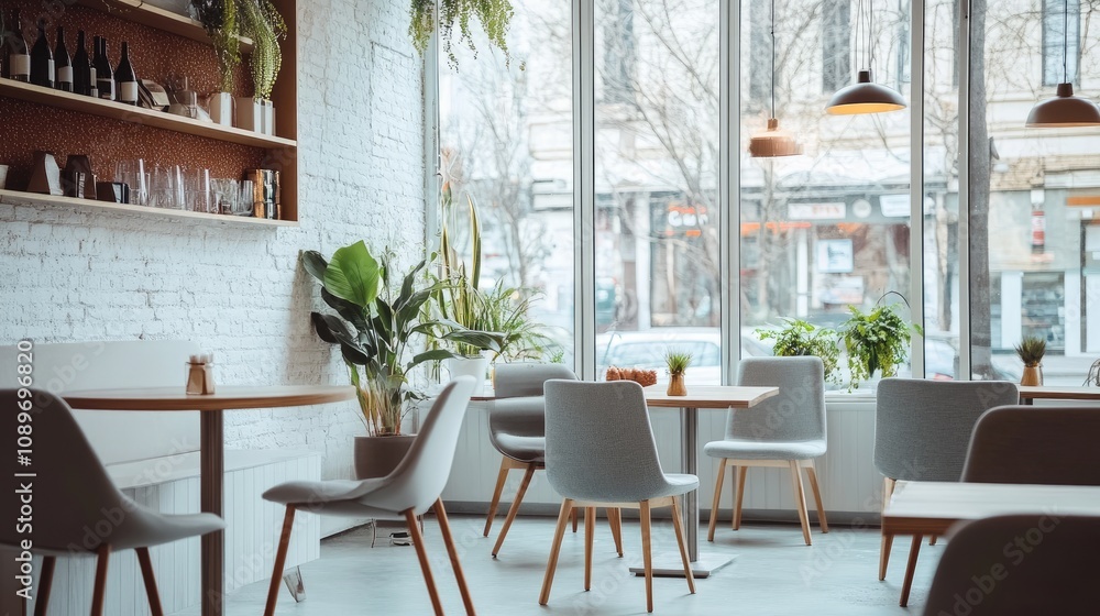 Fototapeta premium Modern cafe interior with large windows, light gray chairs, and wooden tables.