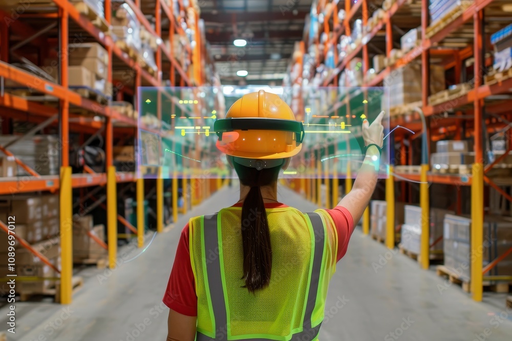 Obraz premium A warehouse worker wearing a safety helmet engages with augmented reality technology while organizing inventory in a busy storage facility