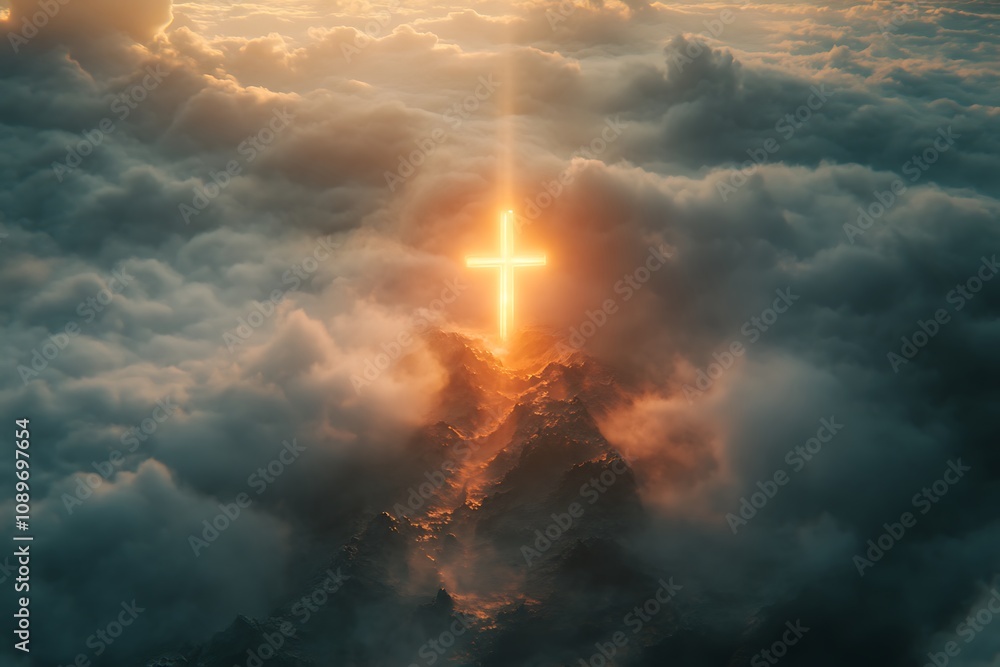 Obraz premium A glowing cross emerging from a sea of clouds with light rays beaming down