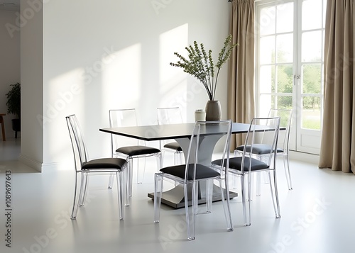 A sleek dining setting features glossy acrylic chairs around a modern table with crisp whites and neutral tones surrounding it.