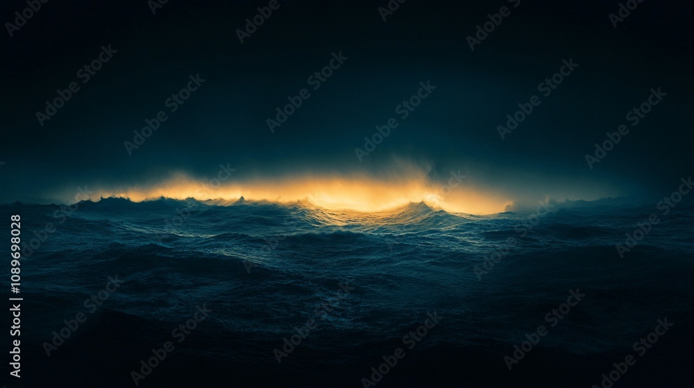 Fototapeta premium Dark ocean waves with glowing light.