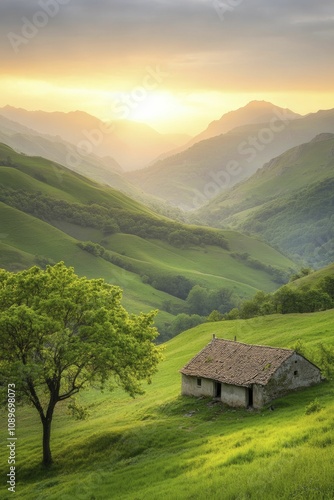 Abandoned village set within a verdant valley, golden sunset casting shadows, evoking a sense of wistfulness and tranquility.