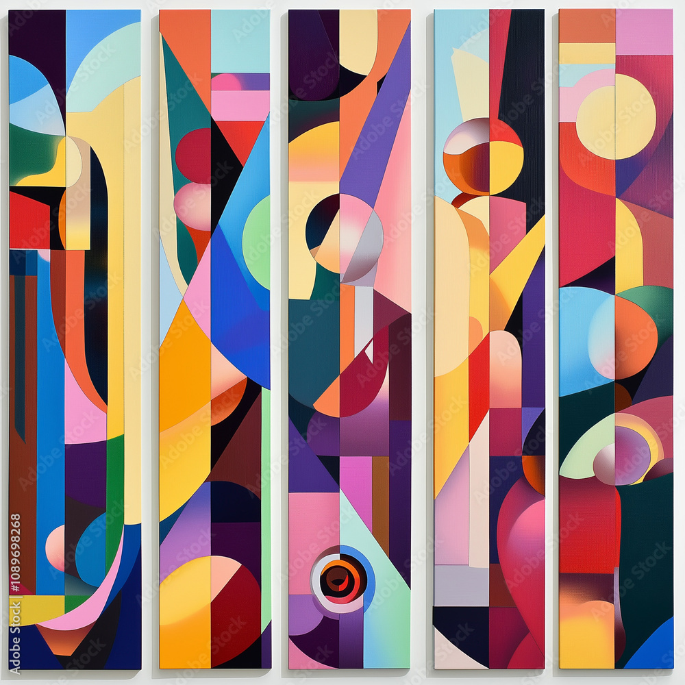 Linked paintings with abstract geometric shapes creating a complex and multi-layered visual effect Linked paintings with abstract geometric shapes creating a complex and multi-layered visual effect