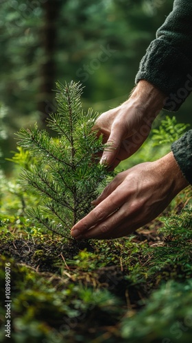 A visually striking image of hands delicately nurturing a young tree amidst rich soil, representing humanity's responsibility toward environmental conservation and growth. photo