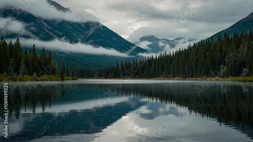 Serene Mountain Lake: A breathtaking landscape with a tranquil lake mirroring majestic mountains and lush evergreen trees under a dramatic cloudy sky, evoking peace and awe.