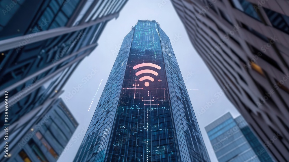 Naklejka premium Wifi signal projected on skyscraper in city.