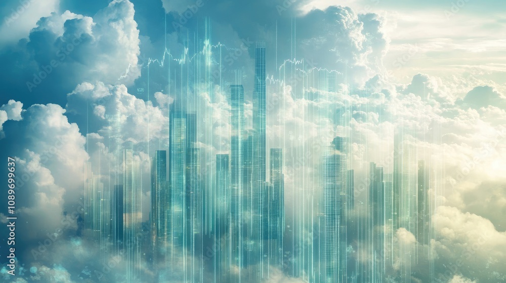 Fototapeta premium Futuristic city skyline emerging from clouds.