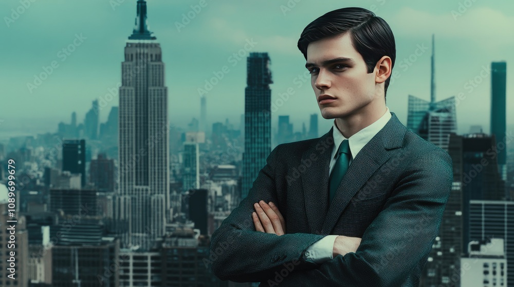 Young Businessman in Suit Against Urban Skyline, Confident Posing in New York City with Towering Skyscrapers and Iconic Landmarks in Background during Cloudy Day Young Businessman in Suit Against Urban Skyline, Confident Posing in New York City with Towering Skyscrapers and Iconic Landmarks in Background during Cloudy Day