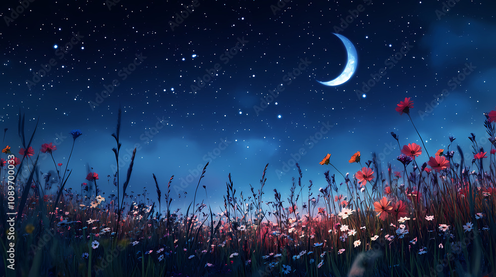 Moonlit meadow: wildflowers under a starry sky with a crescent moon. Galactic Starry Night. Illustration Moonlit meadow: wildflowers under a starry sky with a crescent moon. Galactic Starry Night. Illustration