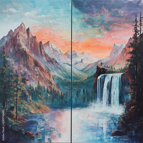 Related images of nature such as mountains and waterfall in harmonious colors and styles in diptych format photo