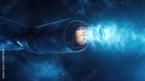 Futuristic spaceship engine with glowing blue plasma exhaust in space.