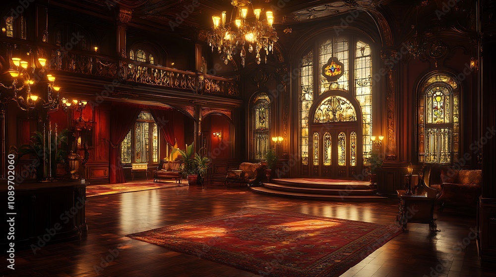 Fototapeta premium Grand, opulent mansion interior with stained-glass window, hardwood floors, and ornate details.