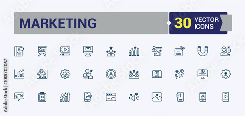 Marketing icon set. Containing plan, idea, internet, seo, video. Minimalist thin linear icon. Outline and solid pictogram.