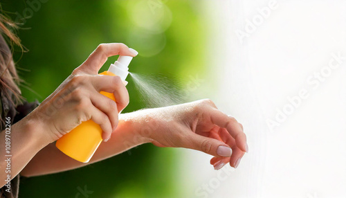 Woman applying insect repellent against mosquito and tick on her leg during hike in nature. Skin protection against insect bite
