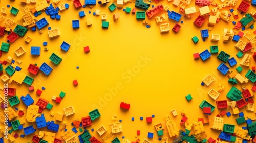 Colorful Plastic Blocks Frame Yellow Background photo