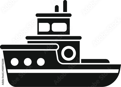 Small tug boat sailing on water, simple black silhouette icon of a boat