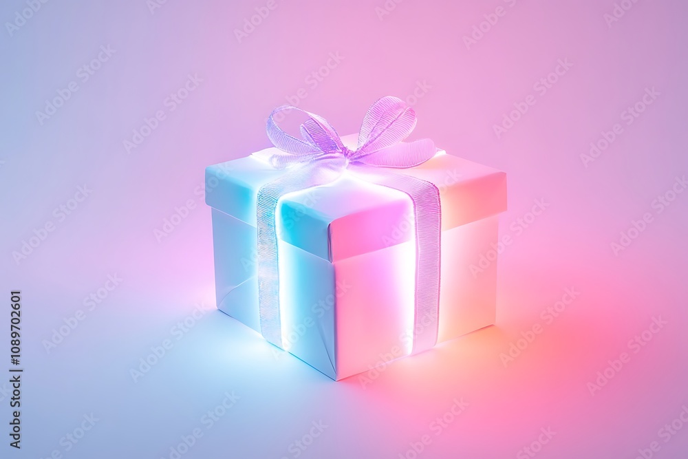 Obraz premium Clean outline of a gift box with ribbons glowing softly on a pastel gradient