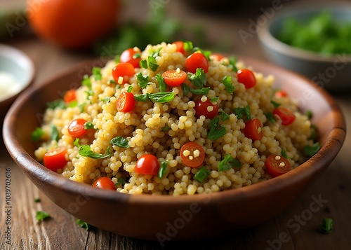 Quinoa pilaf is served hot from a wooden bowl garnished with sautéed vegetables and various herbs. photo