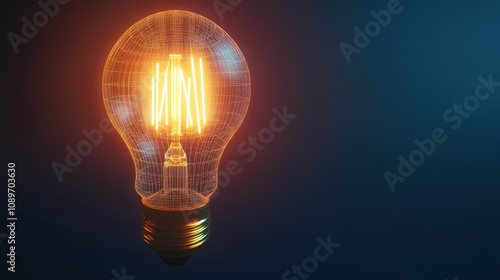 Glowing vintage lightbulb, wireframe style, dark background.