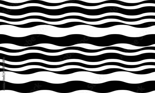 Abstract background with wavy stripes in black and white colors, creating a rippled, liquid effect. Smooth curves and textured lines add elegance, vitality, and creativity.