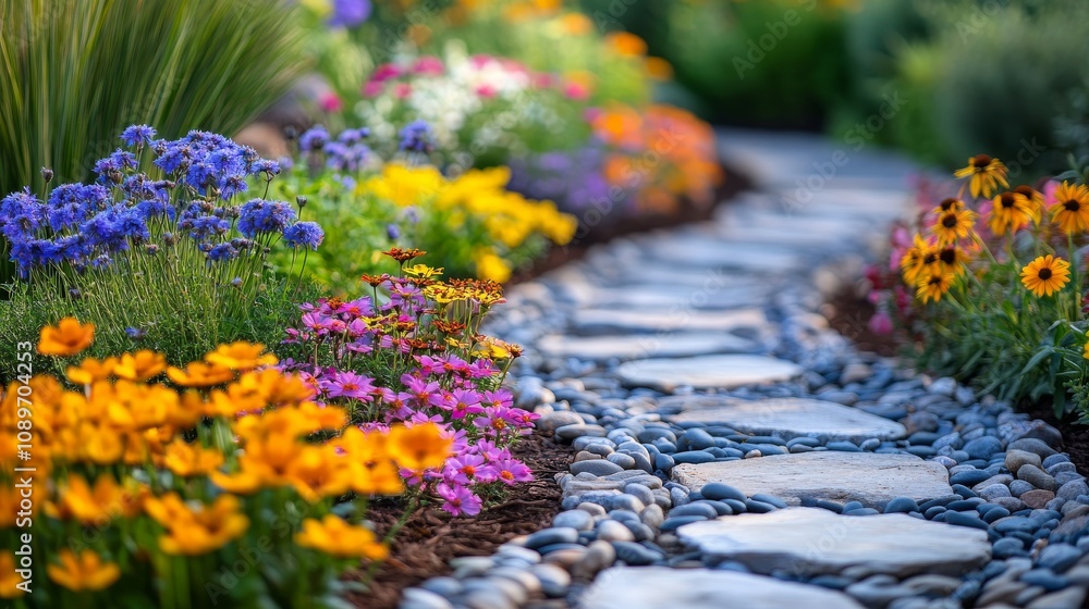 Obraz premium Colorful Flowers Line A Stone Garden Path