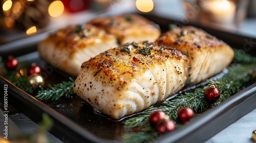 Roasted cod fillets with herbs and Christmas decorations.