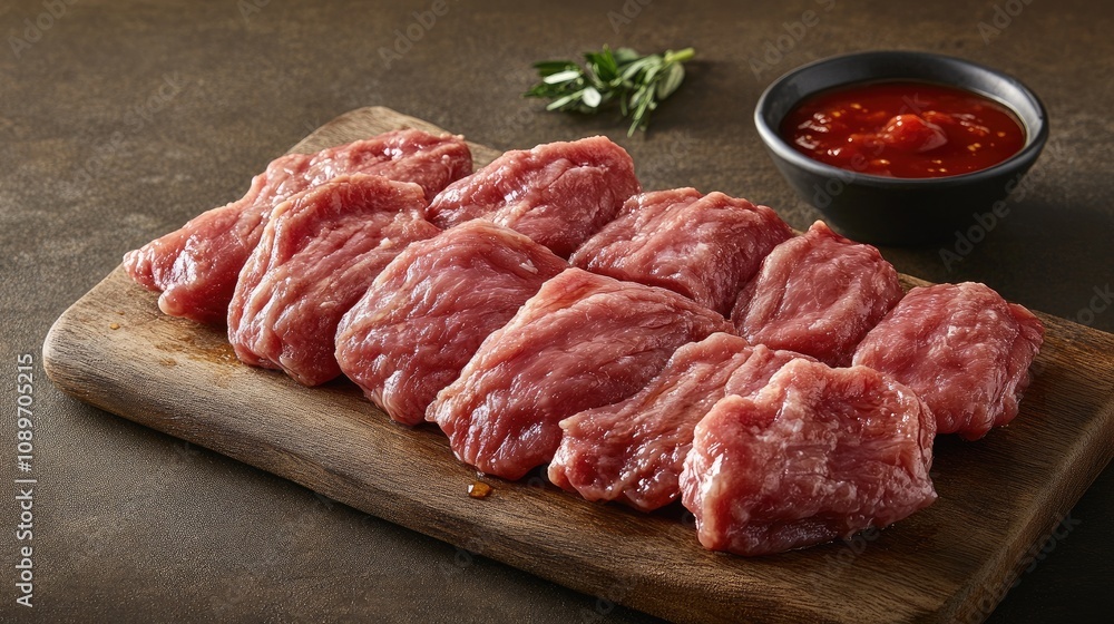 Fresh Raw Slices of Meat on Wooden Cutting Board with Garnish and Bowl of Tomato Sauce Ideal for Culinary Presentation and Food Photography Fresh Raw Slices of Meat on Wooden Cutting Board with Garnish and Bowl of Tomato Sauce Ideal for Culinary Presentation and Food Photography