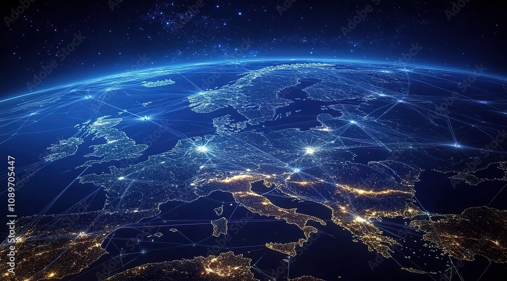Naklejka premium A wide shot of the Earth, with glowing connections between cities in Europe