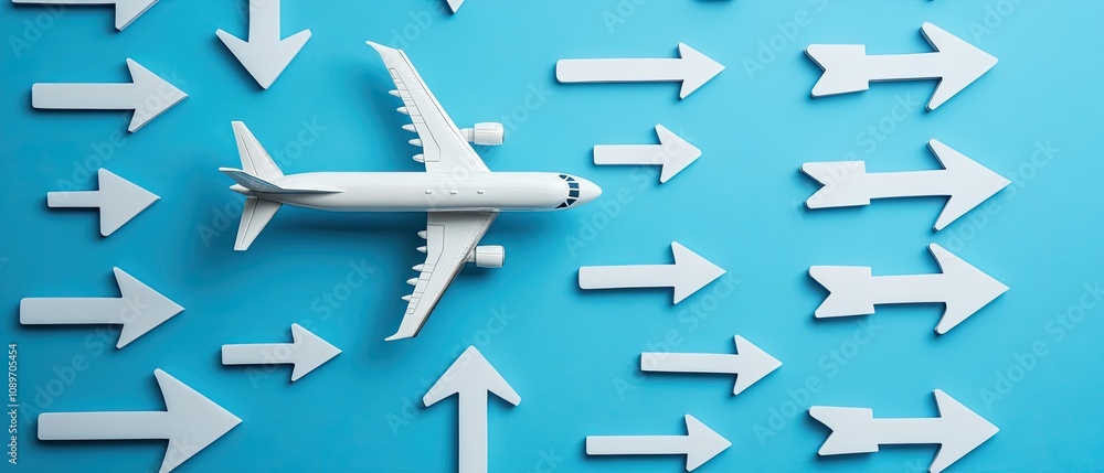 Airplane model surrounded by arrows, indicating direction and choices. Airplane model surrounded by arrows, indicating direction and choices.