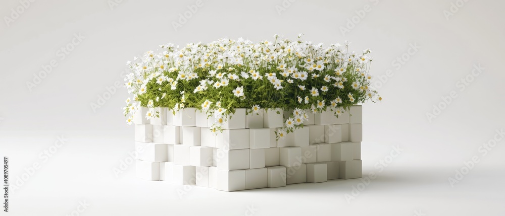 Fototapeta premium White cube planter with small white flowers.