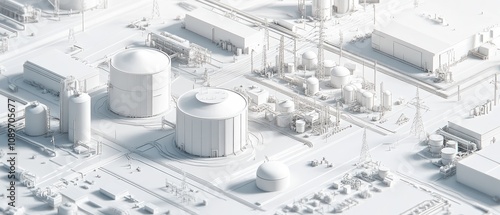 Aerial view of a white industrial complex with various storage tanks and processing units.