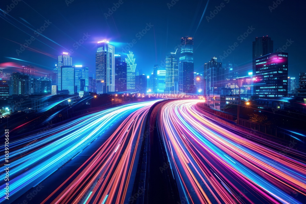 Colorful streaks of light illuminate a highway leading into a vibrant cityscape at night, showcasing urban energy and movement Colorful streaks of light illuminate a highway leading into a vibrant cityscape at night, showcasing urban energy and movement