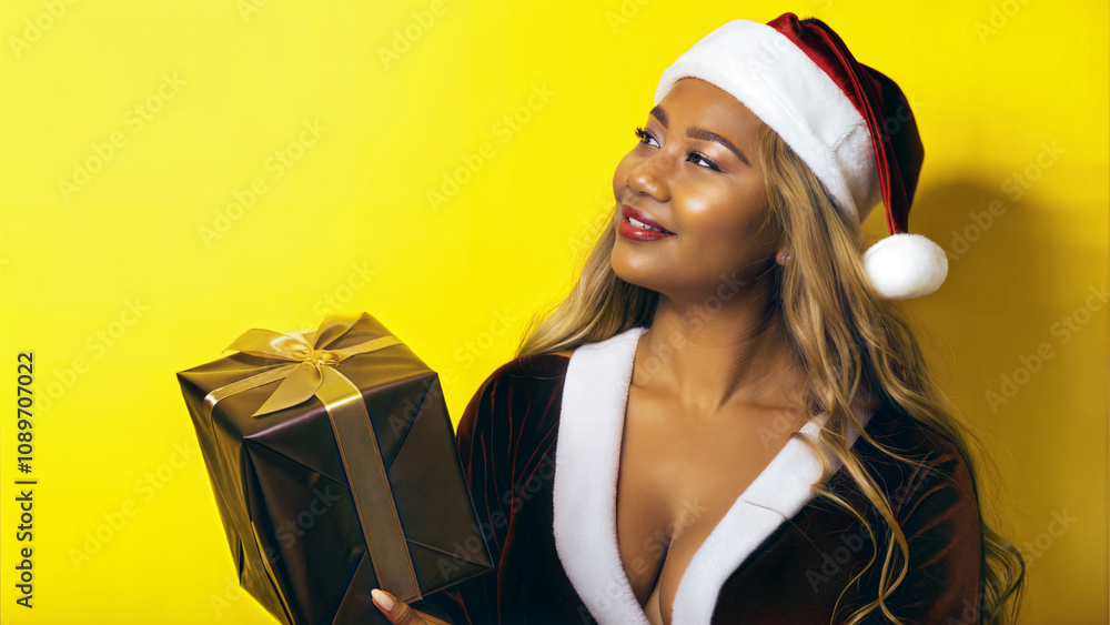 Beautiful seductive black woman in Santa Claus hat holding Christmas gift, isolated on yellow background, festive template, copy space area