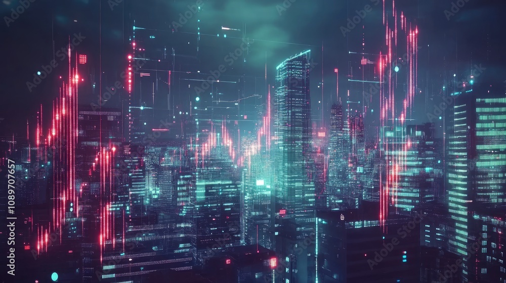 Fototapeta premium Futuristic cityscape at night with glowing digital data streams.