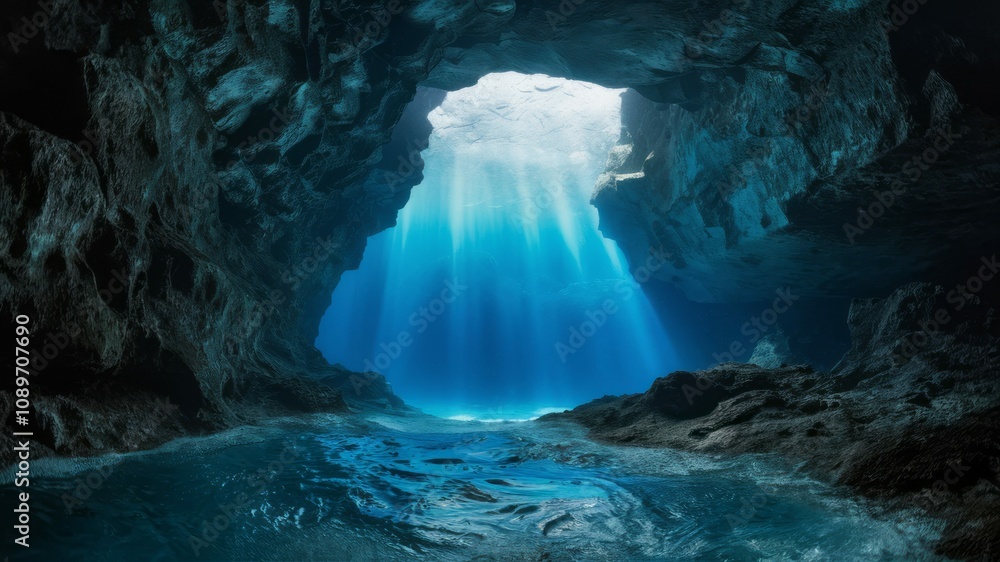 Ocean Cave Entrance: Sunbeams Illuminate Underwater Grotto Ocean Cave Entrance: Sunbeams Illuminate Underwater Grotto