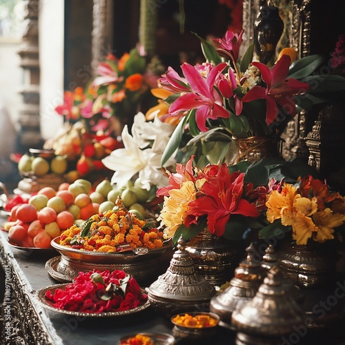  Colorful fruit, flowers, and offerings arranged on a temple altar. photo