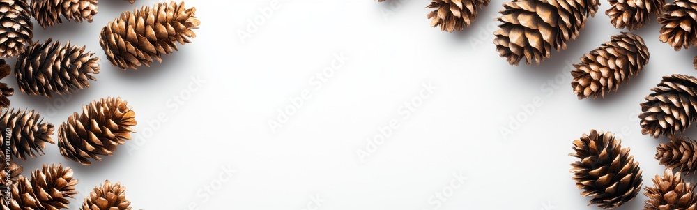 Fototapeta premium Many pine cones arranged in a circle on a white surface, frame , space for text
