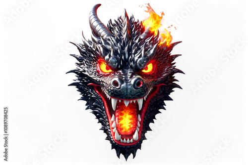 Logo of fire chinese dragon head of New Year with flame fire, colorful illustration mockup. Symbol and fantasy mascot monster for design, Mock-up poster. Logotypes design concept. Copy ad text space photo