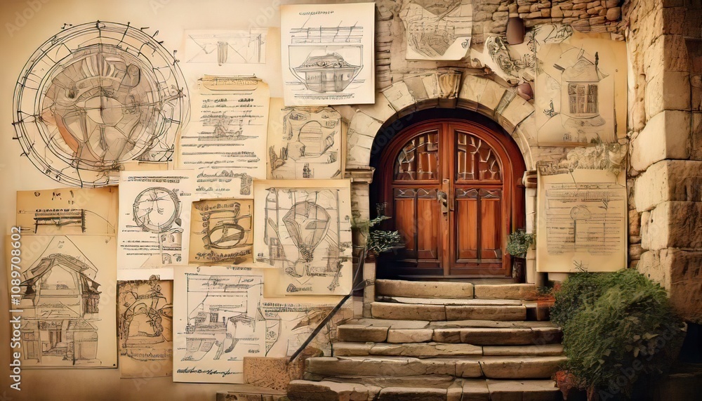 Fototapeta premium Architectural Collage Against Stone Wall With Rustic Wooden Doorway
