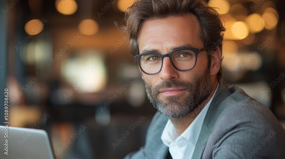 Mature Man Wearing Glasses in a Cafe Setting Mature Man Wearing Glasses in a Cafe Setting