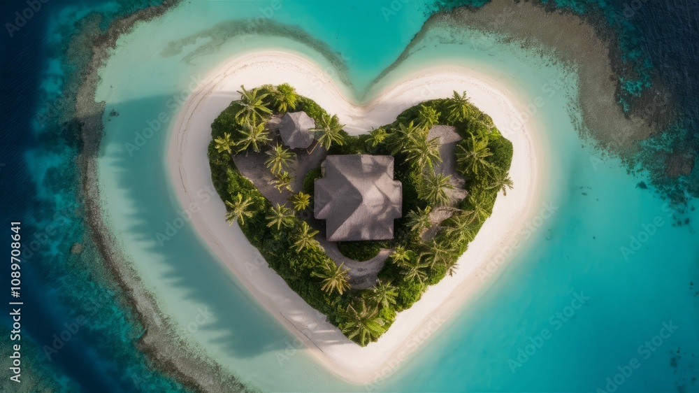 Fototapeta premium Heart Shaped Island Paradise: A tranquil, heart-shaped island in the turquoise waters of the Maldives, showcasing the beauty of nature's design.